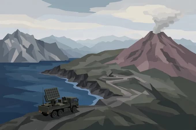 KI-generert illustrasjon: Mobilt kystforsvar testet under øvelse på norsk vulkanøy